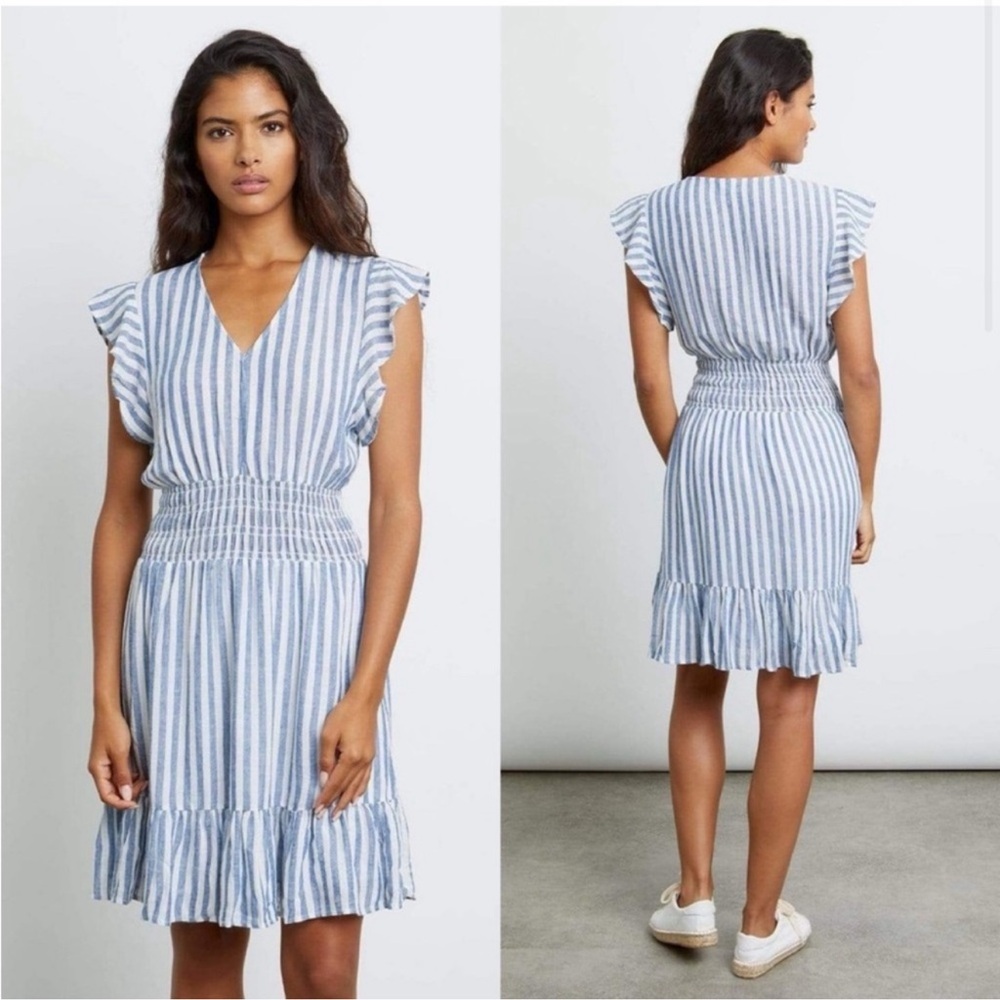 Rails Tara Striped Blue White Ruffle Linen Smocked Tiered Mini Dress Large Women